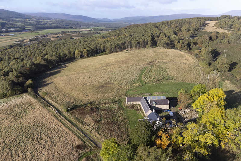 Aerial view of previously grazed pasture and surrounding woodland, Wreaton Farm, Aberdeenshire